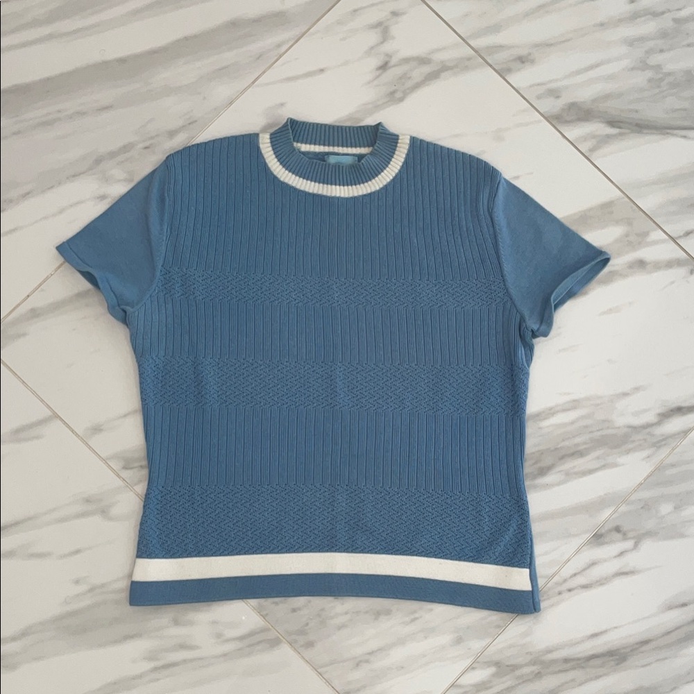 URCHIN Knit 100% Cotton Stylish Blue Ribbed Short Sleeve Women's Top Sz. Medium